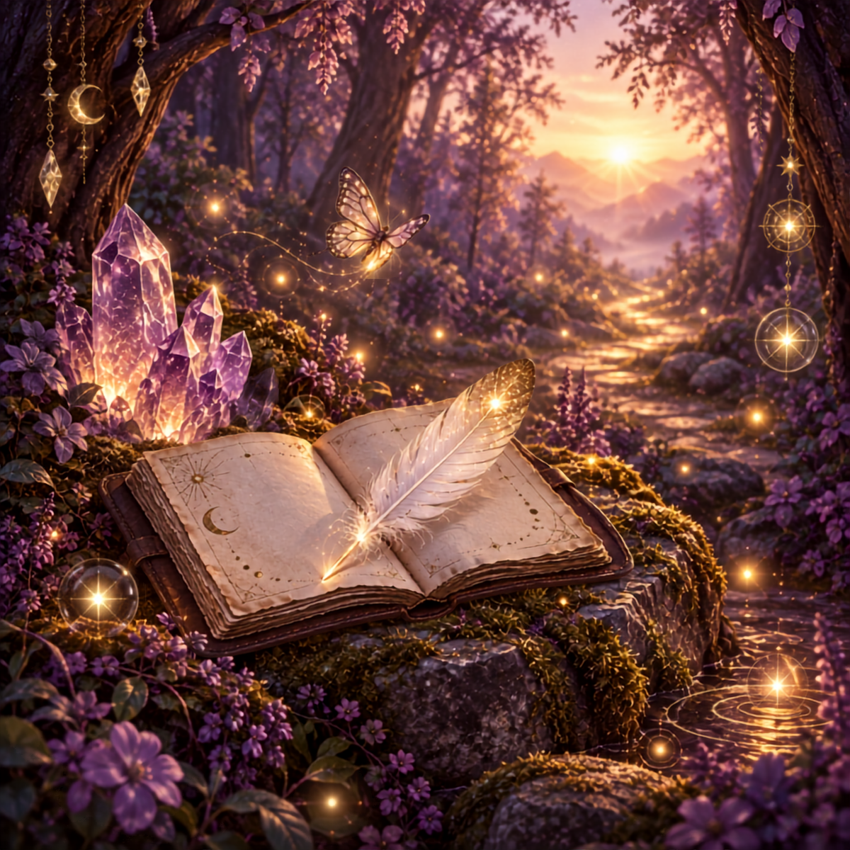 Open journal, glowing feather, amethyst crystals, and butterfly beside a golden path through a violet forest at dawn.