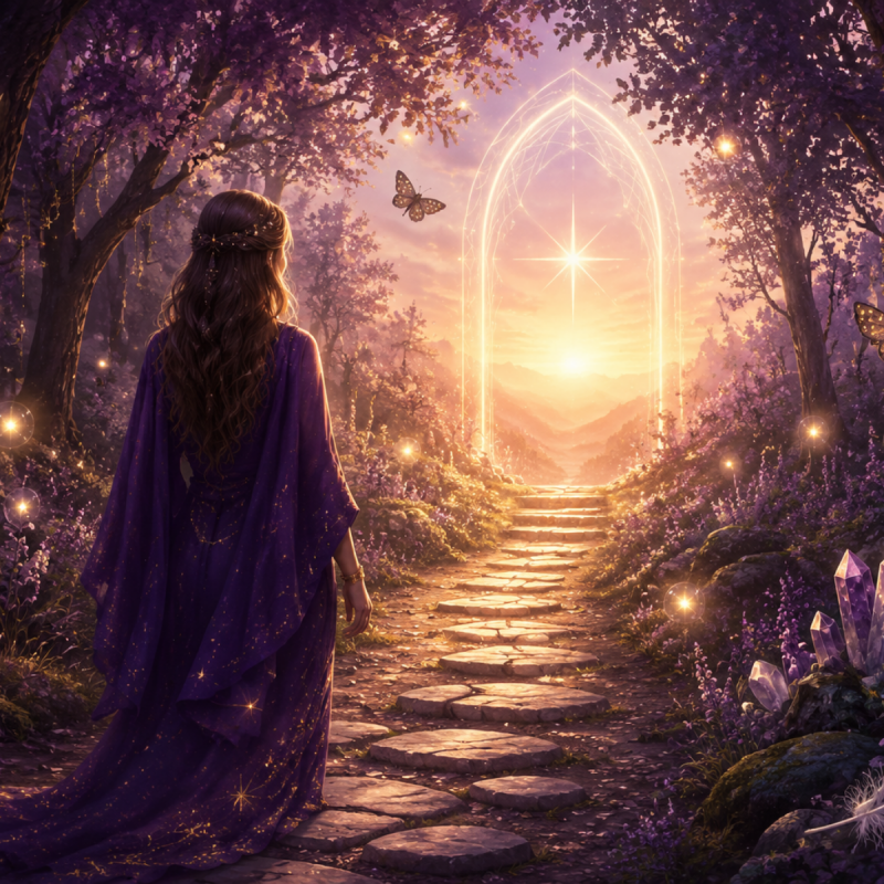 Woman following a glowing forest path toward a doorway of light surrounded by feathers, butterflies and spiritual signs
