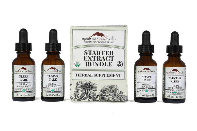 Mountain Rose Herbs Starter Extract Bundle including echinacea, valerian, hawthorn, and ashwagandha tinctures, herbal wellness support for daily balance.