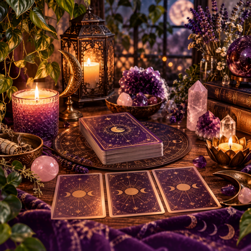 The Alchemy of Crystal Tarot + Oracle Readings shop page image featuring tarot cards, candles, crystals, and mystical decor.
