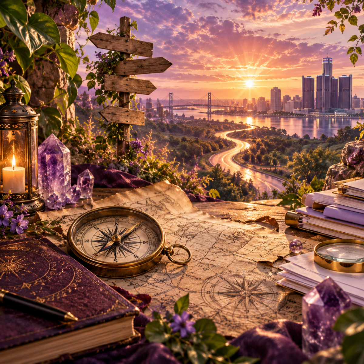 Mystical advocacy map with compass, documents, magnifying glass, purple crystals, and a winding path symbolizing self-advocacy and navigating complex systems..