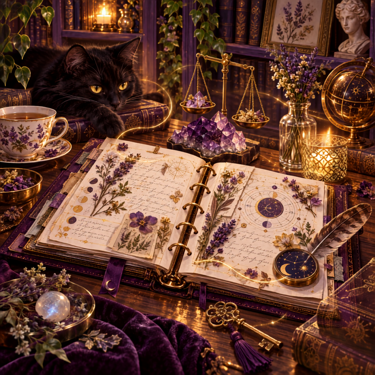 Open purple binder surrounded by pressed herbs, celestial tools, amethyst crystals, antique keys, and a black cat in an enchanted library.
