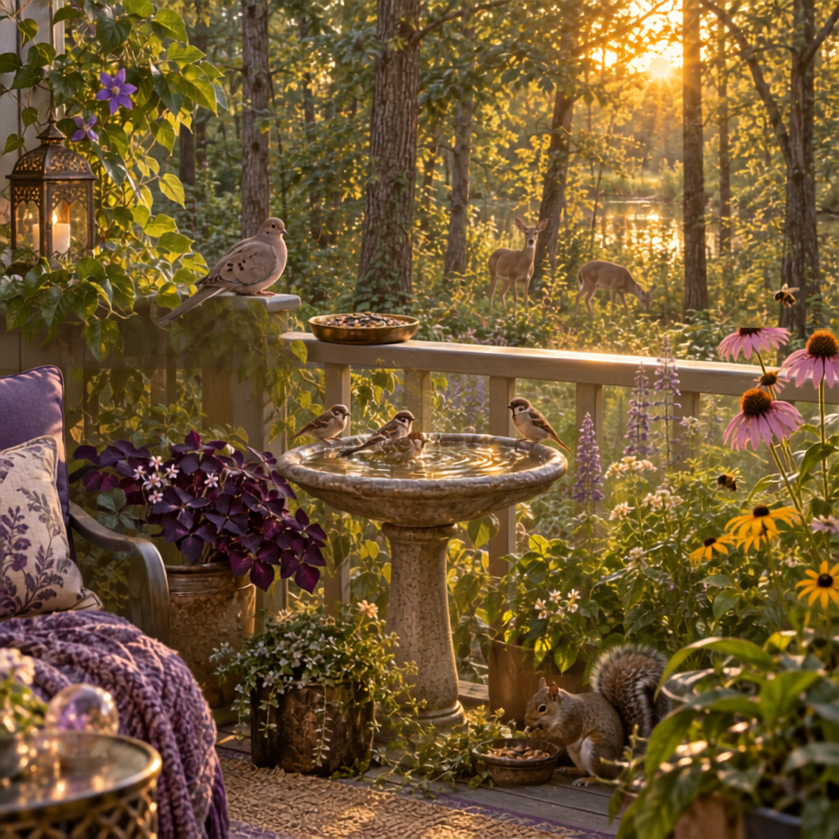 Peaceful balcony habitat with sparrows bathing, a mourning dove, squirrel, bees, native wildflowers, and white-tailed deer in a sunlit woodland.