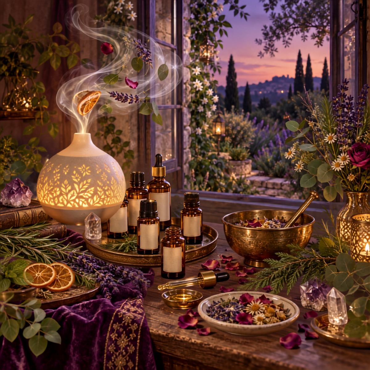 Essential oils, aromatic herbs, crystals, and a glowing diffuser arranged beside a lavender garden at twilight.