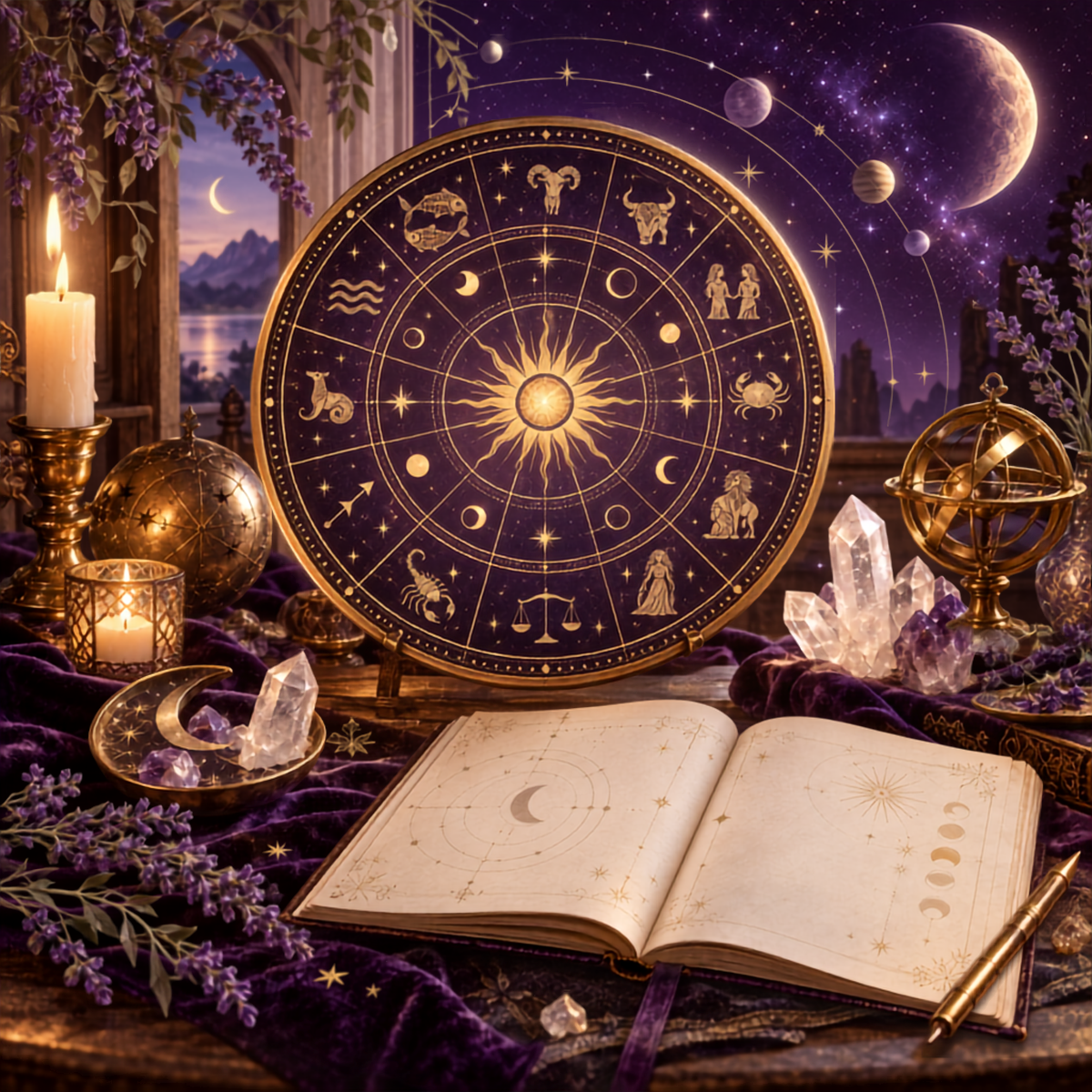 Purple and gold birth chart wheel surrounded by crystals, candles, lavender, moonlight, and an open celestial journal.
