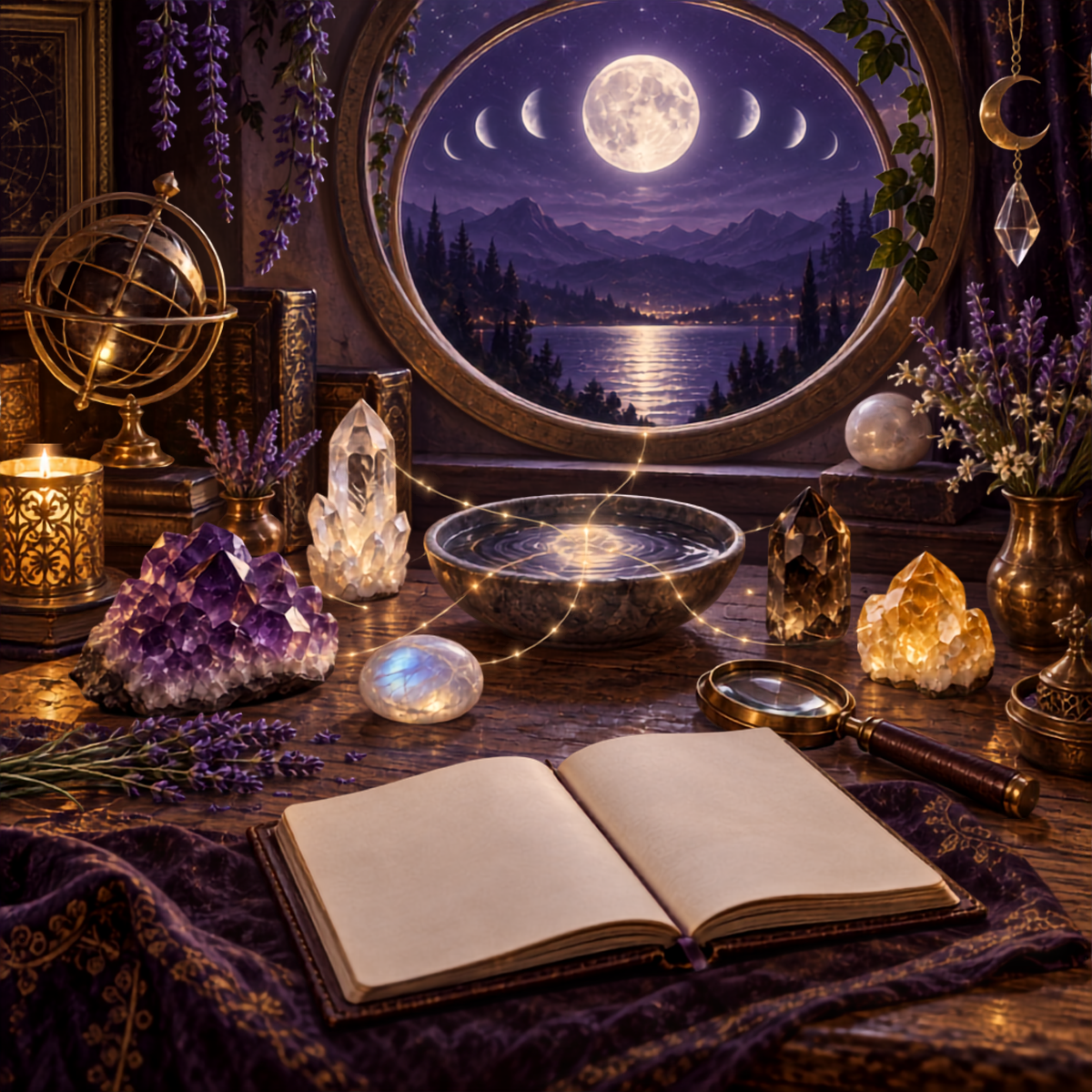 Moonlit crystal study with amethyst, quartz, moonstone, smoky quartz, citrine, an open journal, and a bowl reflecting the lunar phases.