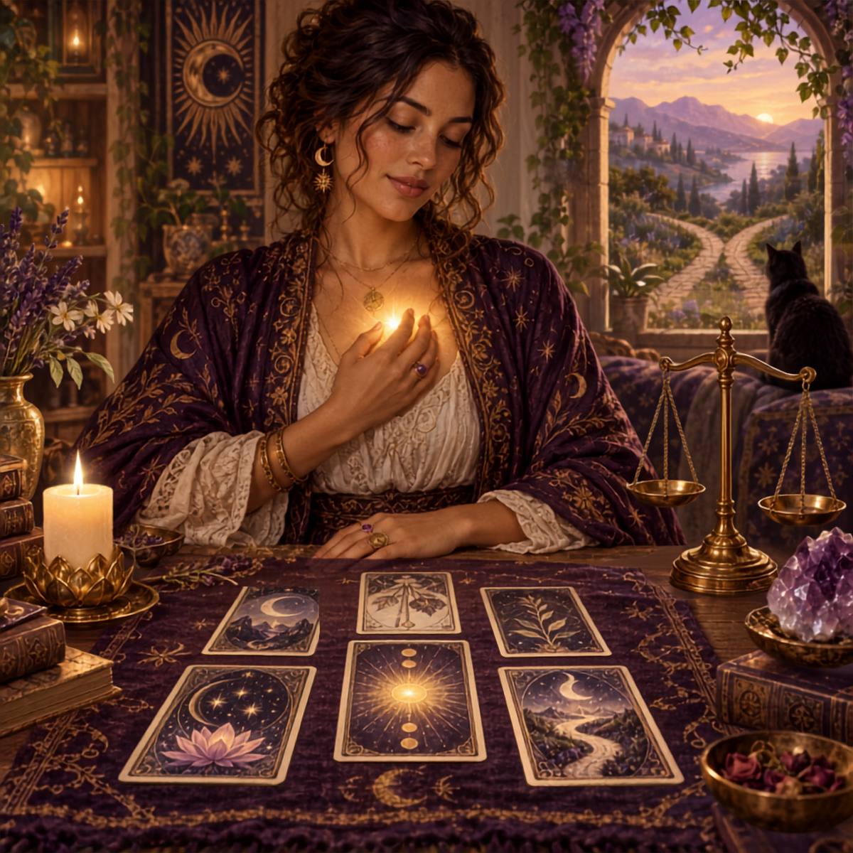 Woman holding her inner light beside a symbolic tarot spread, balanced scales, amethyst crystals, and a branching path at sunset.