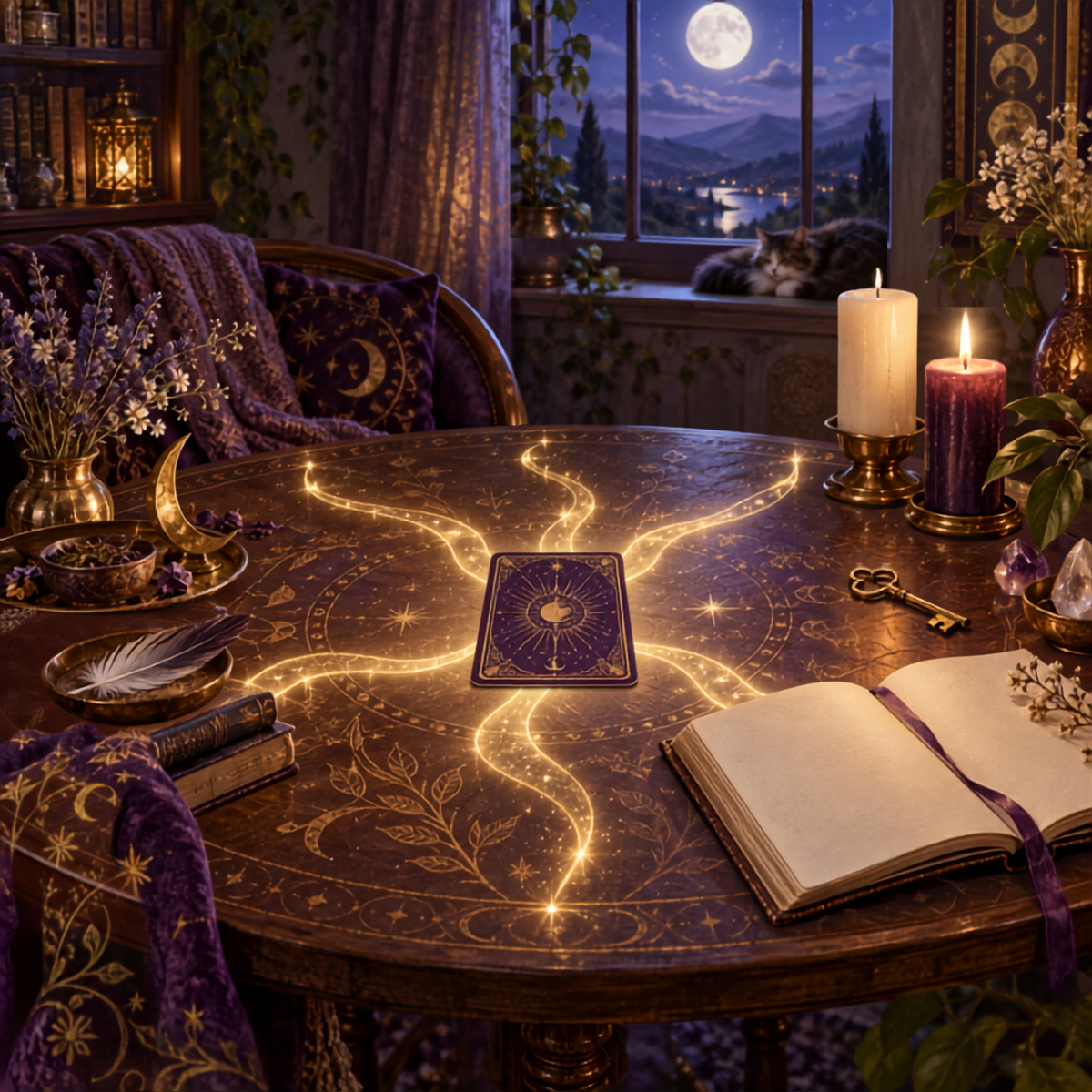 Face-down tarot card surrounded by several glowing paths, an open journal, candles, and a brass key beneath a moonlit window.