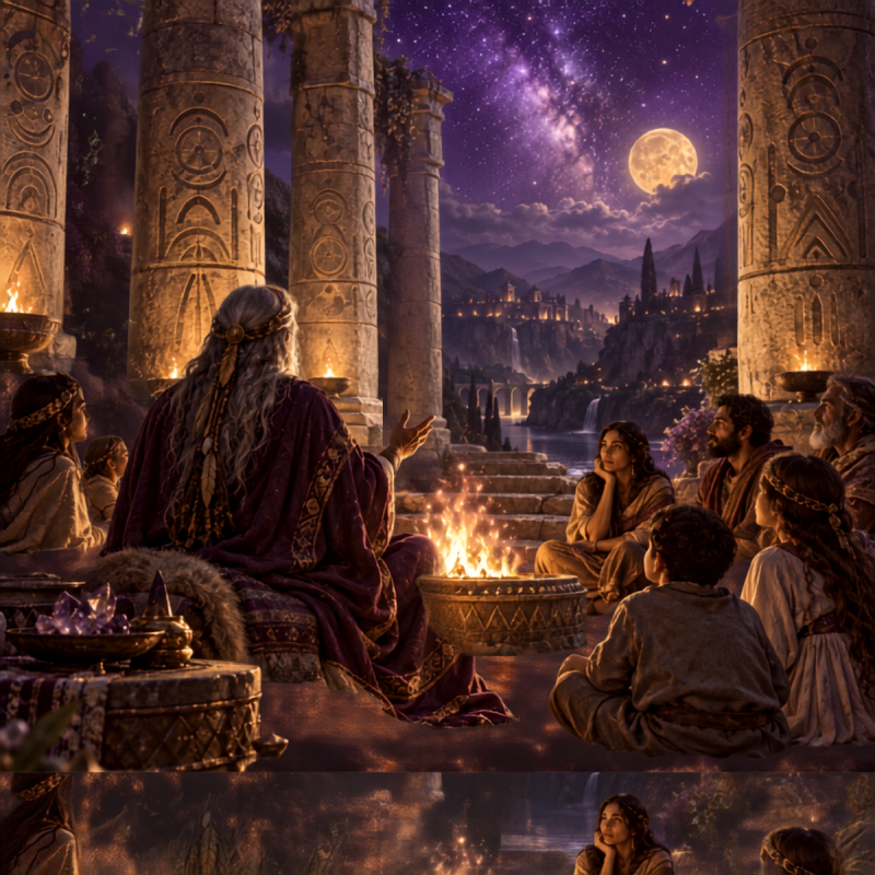 Ancient storyteller sharing sacred stories beside a glowing fire as people listen beneath carved pillars and a star-filled sky.