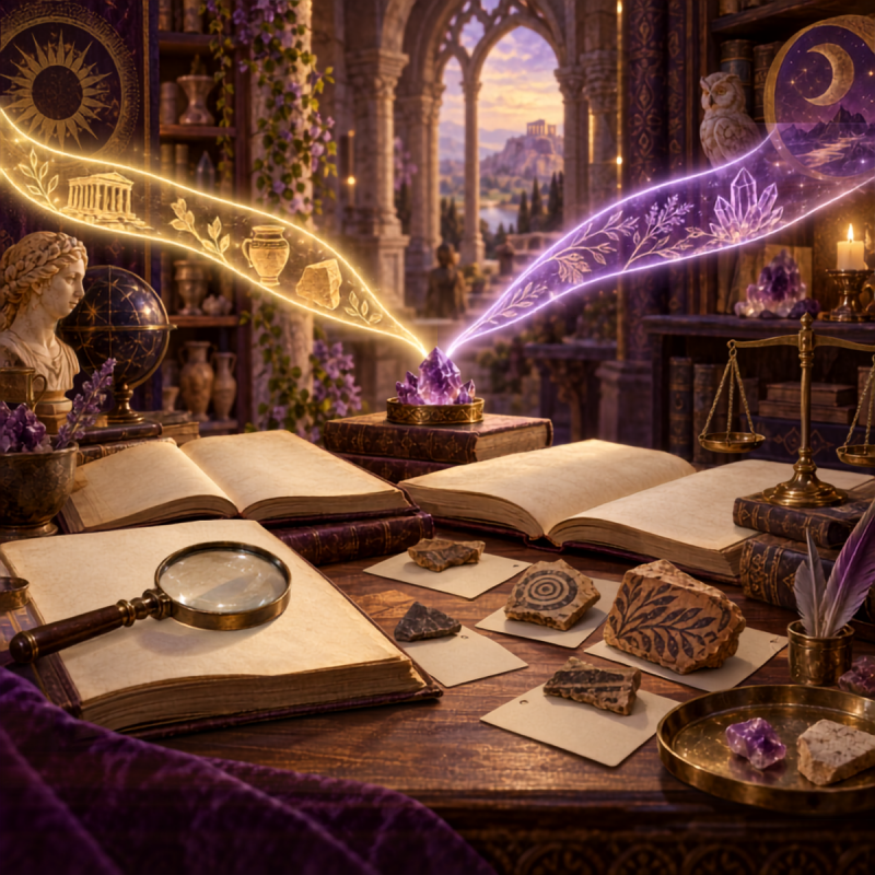 Mystical research table with open books, a magnifying glass, archaeological fragments, scales, and glowing paths meeting at an amethyst crystal.