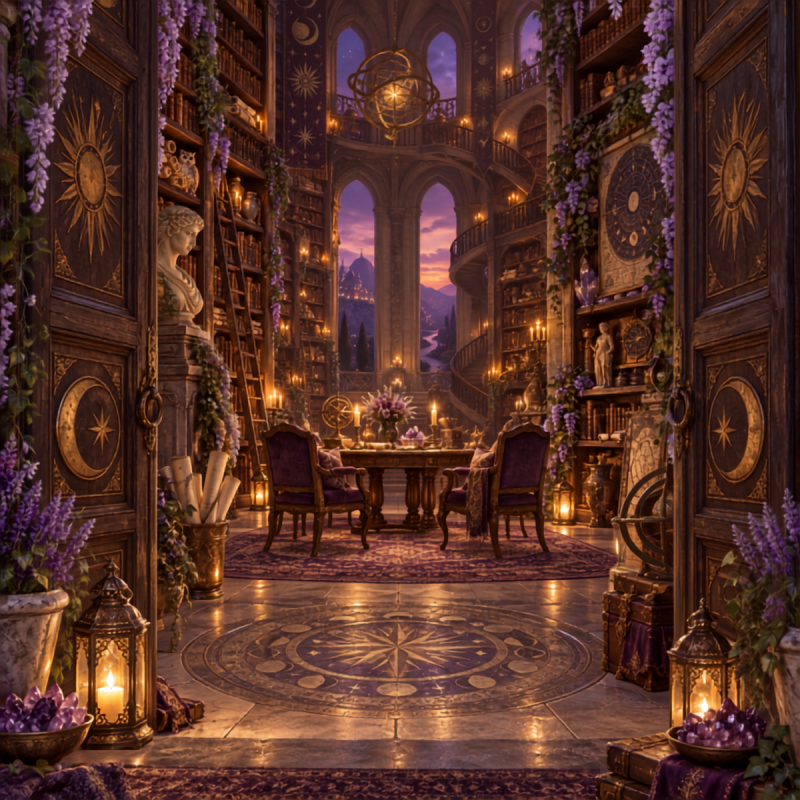 Open doors leading into a magnificent purple and gold archive with ancient books, celestial instruments, flowers, and two chairs waiting at a table.