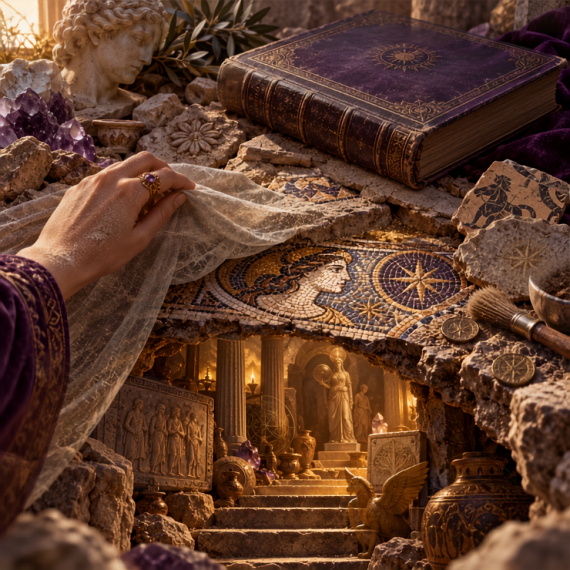 Hidden ancient chamber revealed beneath layers of dust, books, pottery fragments, and a partially uncovered celestial mosaic.