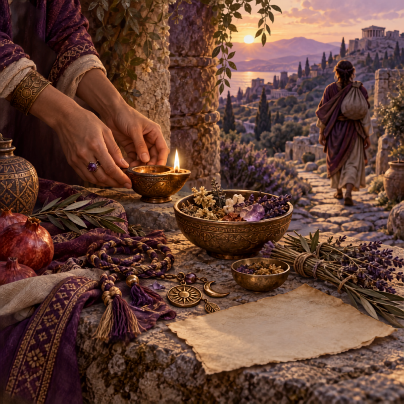 Mystical archive table filled with crystals, herbs, old books, an oil lamp, and celestial tools beneath a purple twilight sky.