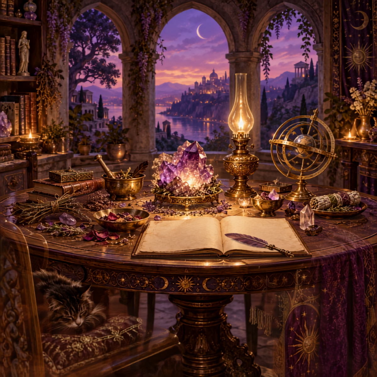 Mystical archive table filled with crystals, herbs, old books, an oil lamp, and celestial tools beneath a purple twilight sky.