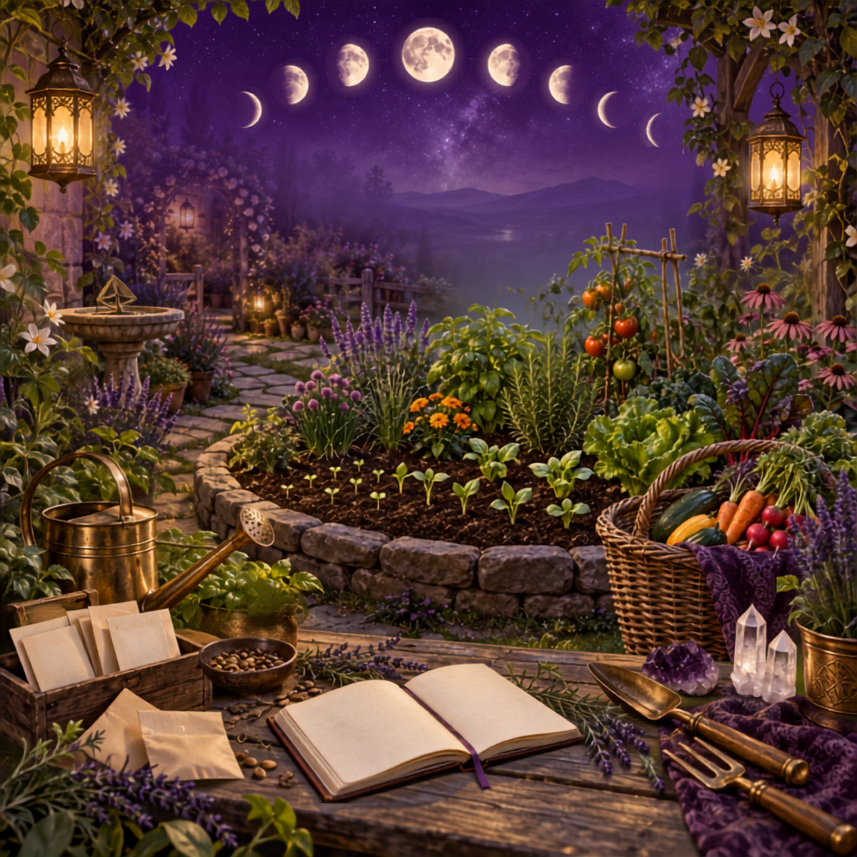 Moonlit garden showing seedlings, herbs, vegetables, gardening tools, crystals, and moon phases above the landscape