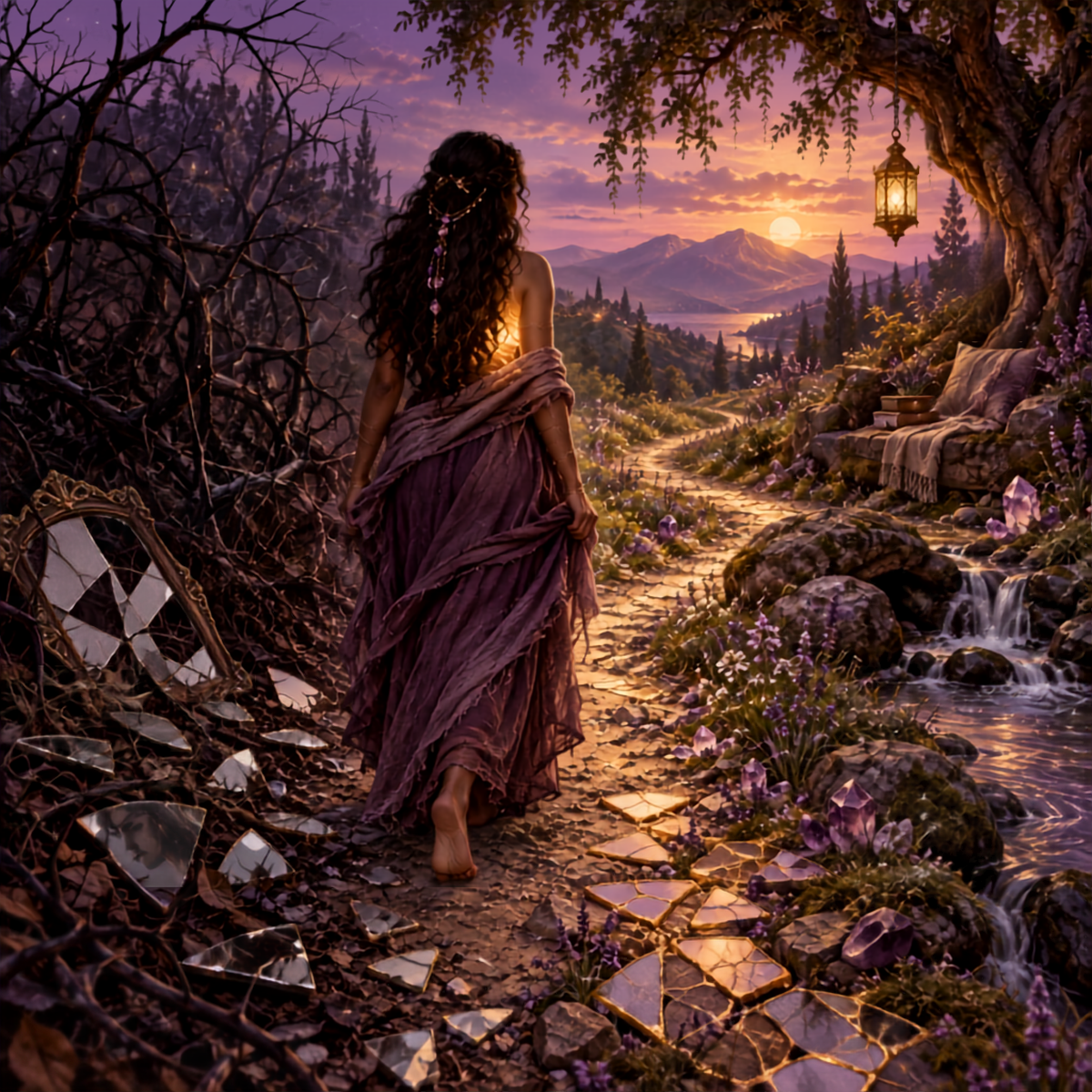 Woman walking from tangled branches and broken mirrors toward a peaceful path of golden mosaic pieces, wildflowers, amethyst crystals, and flowing water at purple twilight.