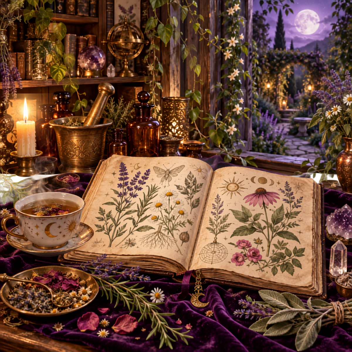 Open botanical journal surrounded by herbs, tea, crystals, apothecary bottles, and a moonlit garden.