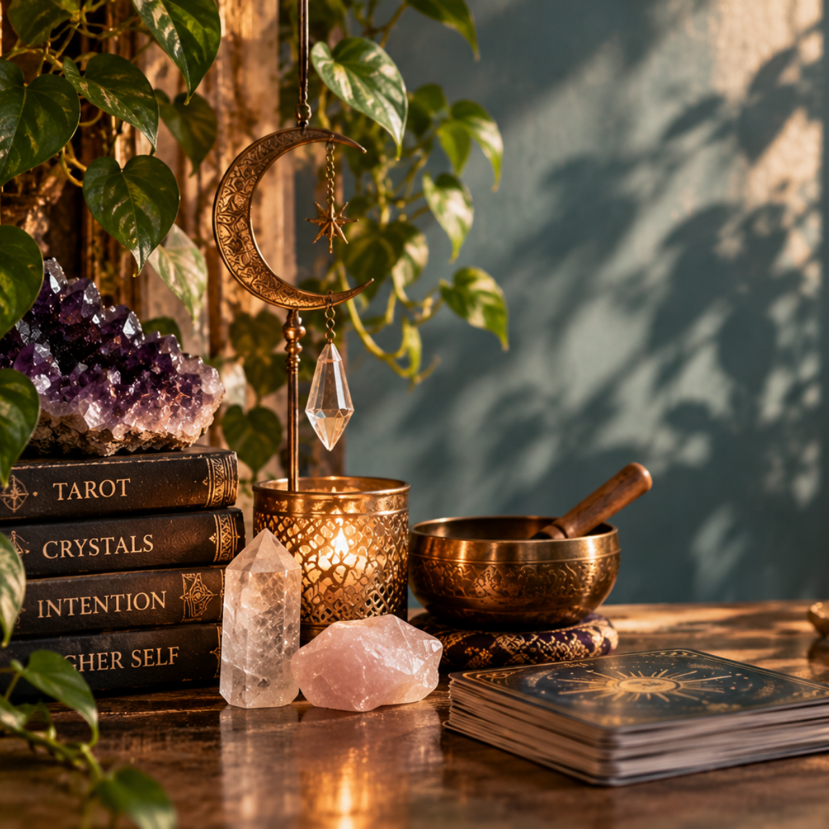 Mystical altar with tarot cards, amethyst and quartz crystals, a singing bowl, candlelight, and celestial decor representing The Alchemy of Crystal shop.