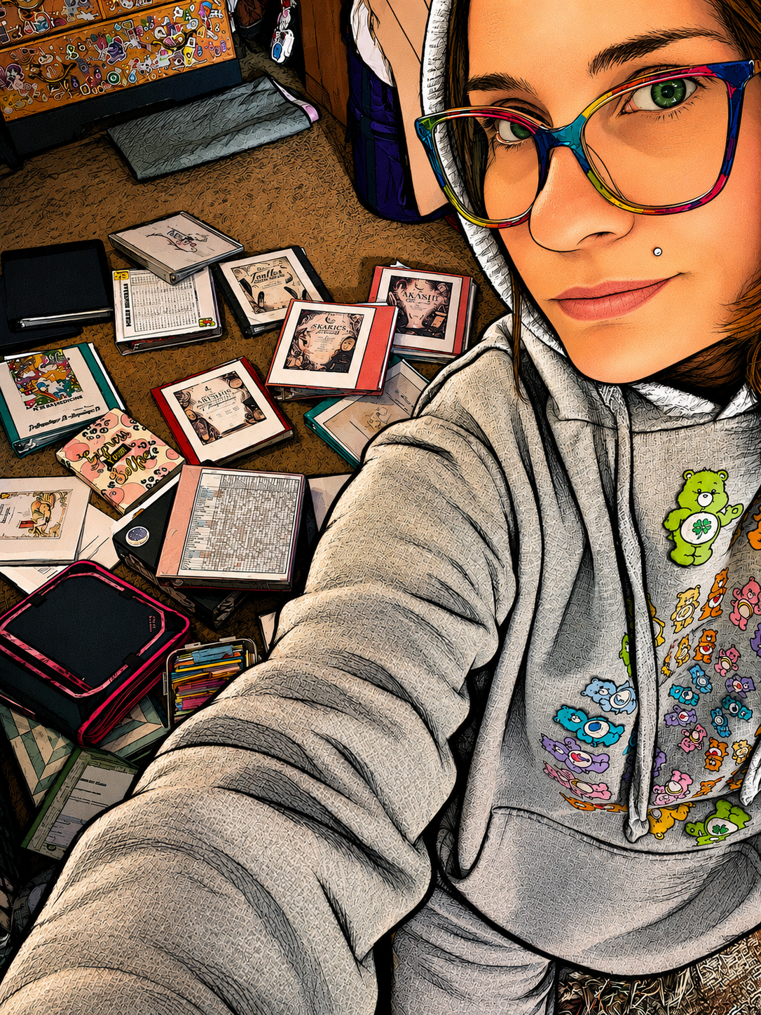 Crystal wearing colorful glasses and a Care Bears hoodie, surrounded by her binders, notebooks, cards, and creative research materials.