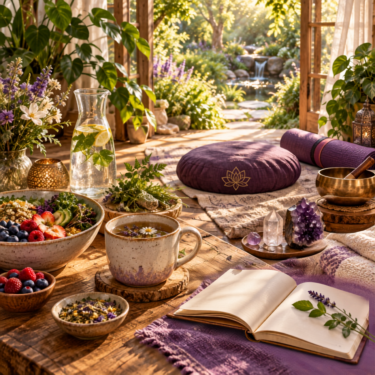 Herbal tea, nourishing food, fresh herbs, crystals, a singing bowl, journal, and meditation space overlooking a peaceful garden.