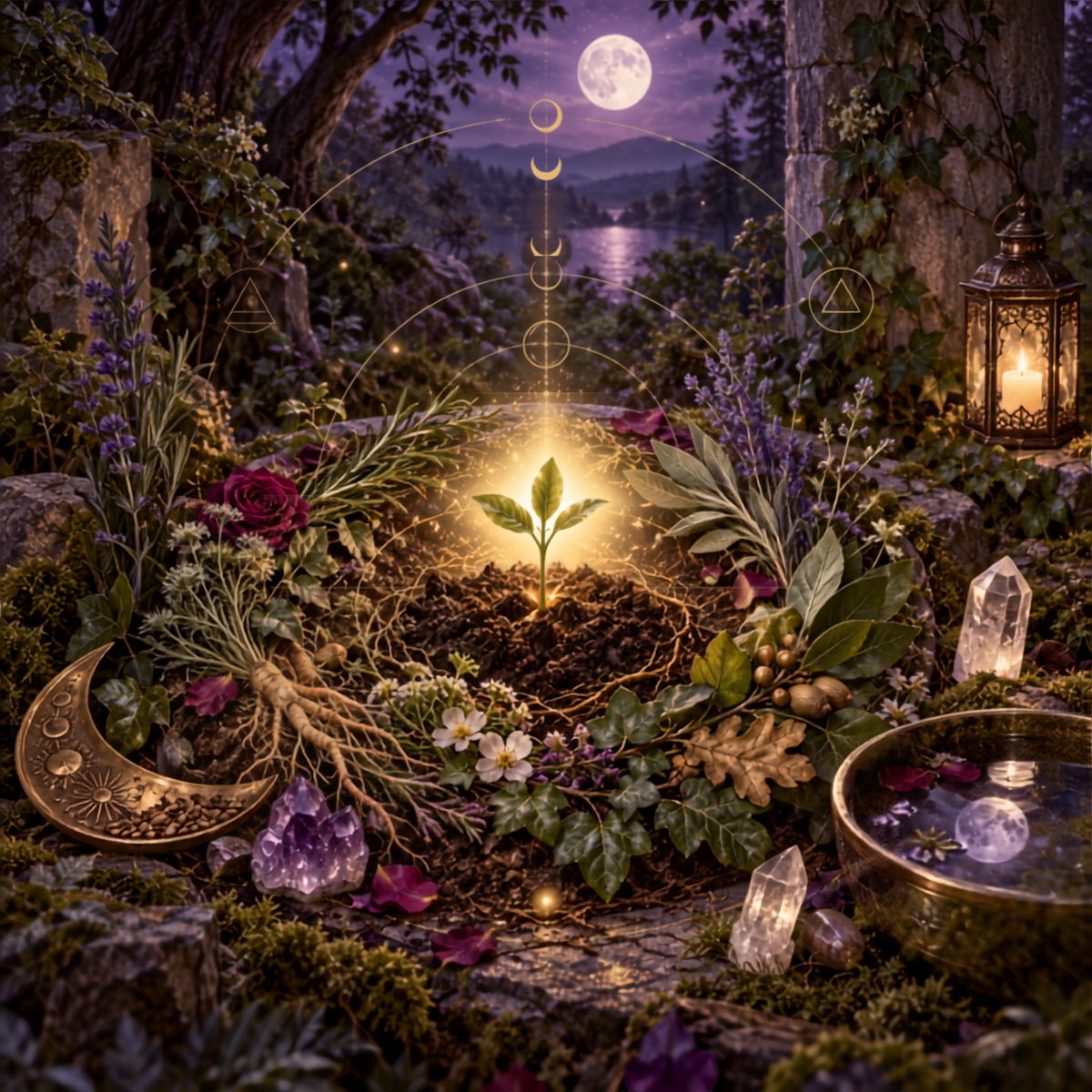 Glowing seedling surrounded by magical herbs, roots, crystals, moonlight, and botanical ritual tools in a woodland clearing.