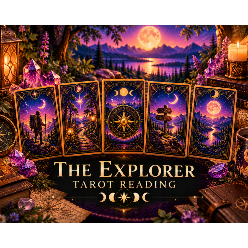 Mystical Explorer tarot reading with celestial cards, winding paths, a compass, signposts, purple crystals, maps, and candles symbolizing self-discovery and direction.