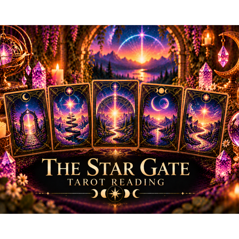 Mystical Star Gate tarot reading with celestial cards, glowing portals, cosmic pathways, purple crystals, candles, and radiant stars symbolizing spiritual awakening.