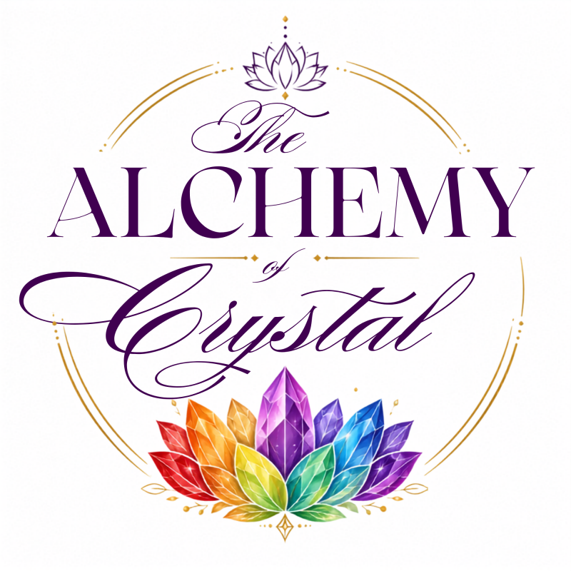 The Alchemy of Crystal logo featuring a rainbow crystal lotus, seven chakra gems, a golden crescent moon and a purple lotus flower.