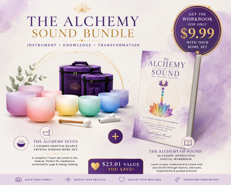 Crystal singing bowl set and The Alchemy of Sound 24-lesson interactive chakra and sound healing workbook bundle from The Alchemy of Crystal.