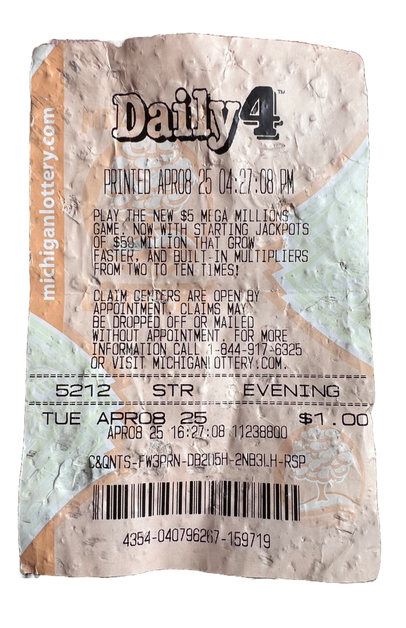 Lottery ticket with number 5212 and time stamp 04:27:08 PM, found in yard as a synchronistic spiritual sign.