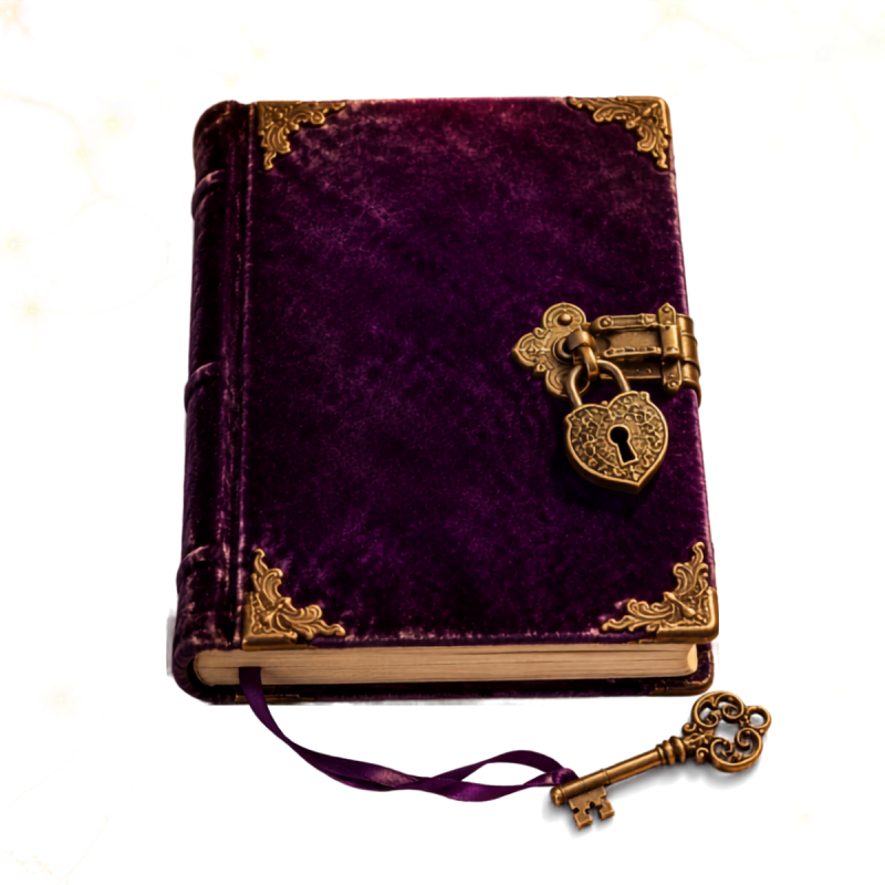 Purple velvet diary secured with an antique gold lock and key, representing the private Lock & Key journal from The Alchemy of Crystal.