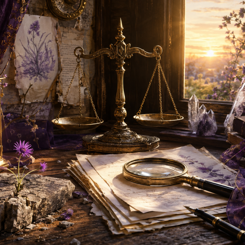 Antique justice scales, magnifying glass and documents beside a glowing lantern and resilient purple wildflowers.