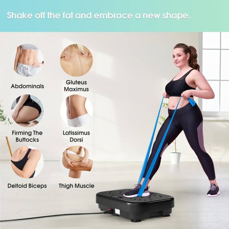 A woman demonstrating the full-body benefits of the Vibration Plate Exercise Machine, highlighting targeted areas including the abs, core, legs, arms, glutes, and back. She engages her muscles with resistance bands while the high-frequency vibrations stim