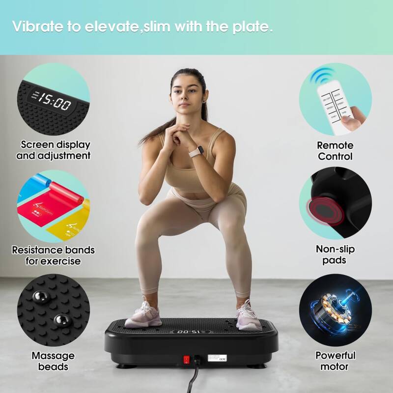 A woman using a vibration plate exercise machine, engaging in a full-body workout with resistance bands. The high-frequency vibrations stimulate muscles, promote lymphatic drainage, boost circulation, and support weight loss—all from the comfort of her ho