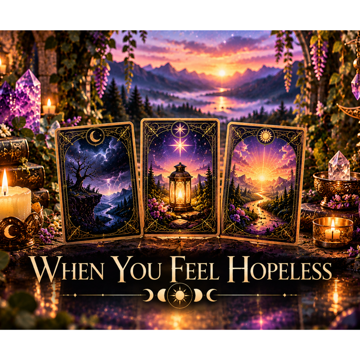 Mystical When You Feel Hopeless tarot reading with cards symbolizing struggle, hope, and light, surrounded by purple crystals, candles, and a glowing sunrise.