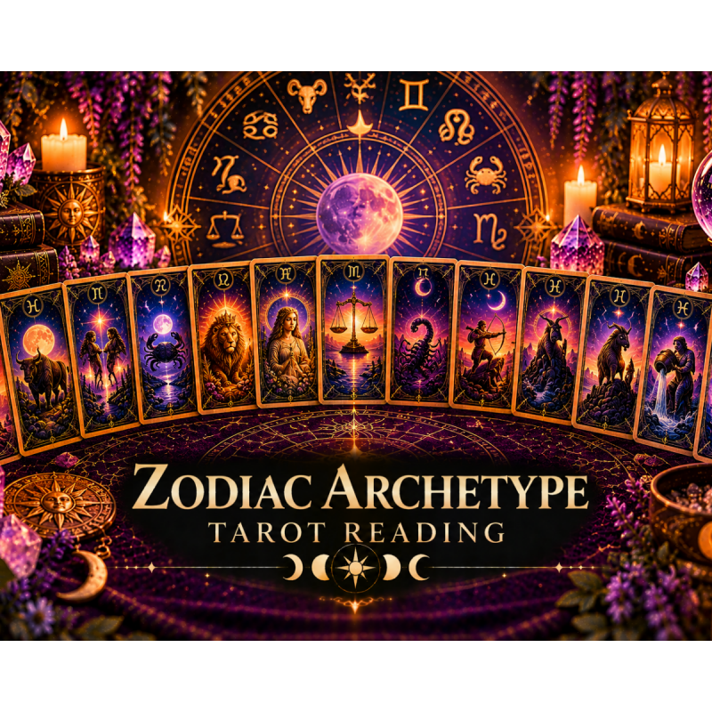 Mystical Zodiac Archetype tarot reading featuring twelve zodiac cards, an astrological wheel, purple crystals, candles, and celestial imagery.