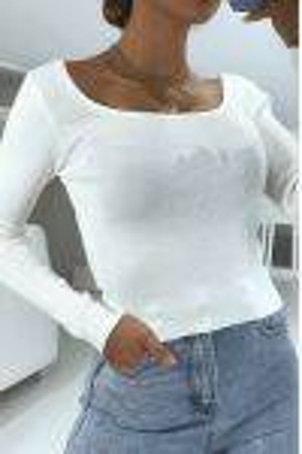 Crop top blanc côtelé à col bardot et manches longues