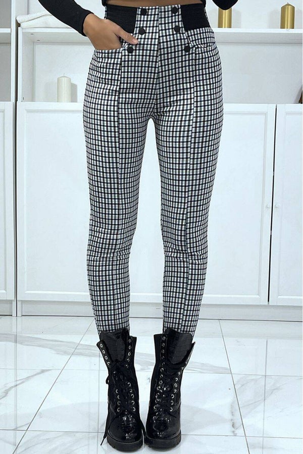 Pantalon canard motif carreaux avec poches boutons et élastique à la taille