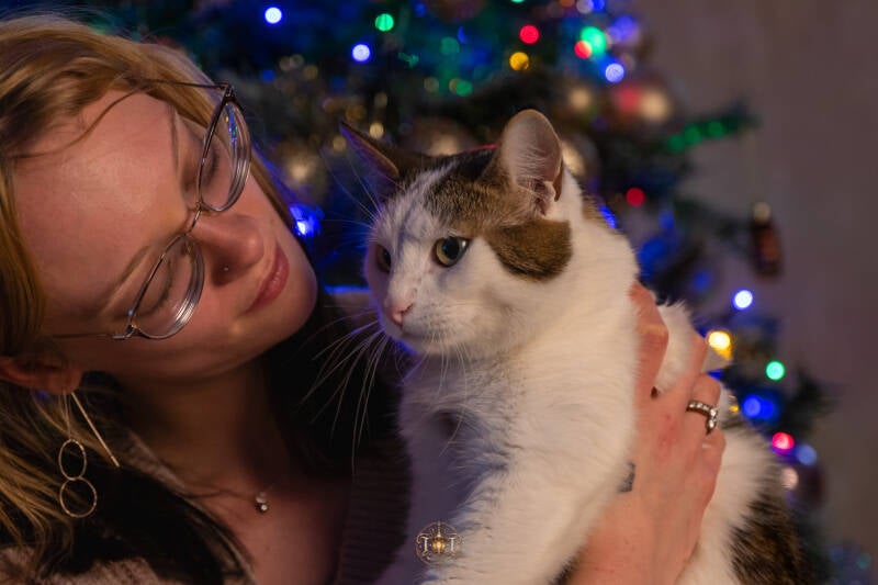 Gezellige kerstshoot aan huis met kat bij de kerstboom door Timeless Tales Fotografie Assenede