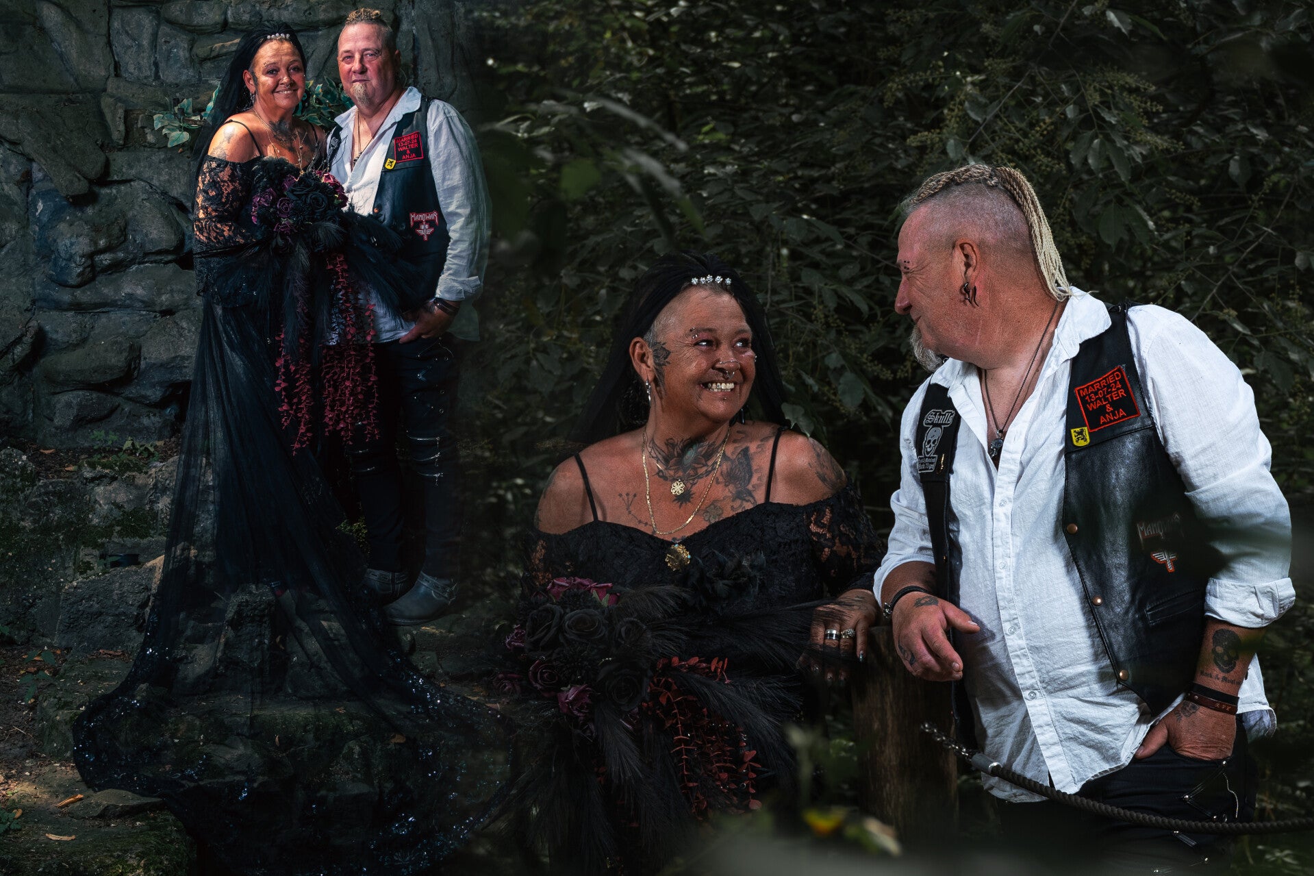 Creatieve fotomontage van een alternatief bruidspaar in bikerstijl, combinerend een intieme blik in het bos met een portret bij een stenen Mariagrot in de Lembeekse bossen, door Timeless Tales.