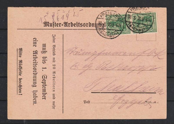 Muster-Arbeitsordnung, Bücherzettel Doppelkarte FREIBERG (SACHSEN) 30.8.20  (s26001)
