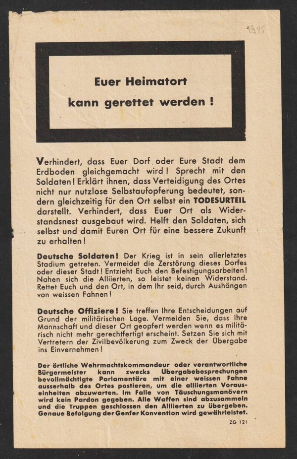 Original Flugblatt "Euer Heimatort kann gerettet werden"