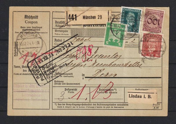 MiNr. 362, 343 auf Paketkarte MÜNCHEN 10.12.24    (hs)