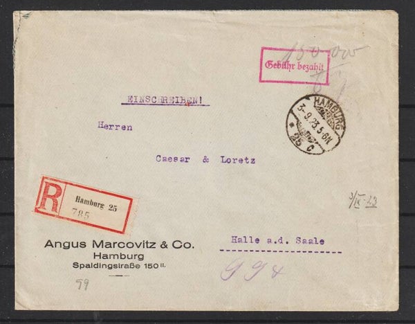 "Gebühr bezahlt"  150.000 TM R-Brief HAMBURG 3.9.23  (s24088)