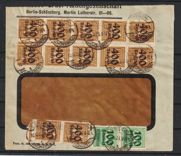 MiNr. 300 (12x), 290 auf Brief  BERLIN-SCHÖNEBERG 10.10.23, Ersttag PP 20 (0861)