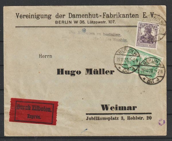 Eilboten Brief "Vereinigung der Damenhut-Fabrikanten"  BERLIN 19.10.20   (s24089)