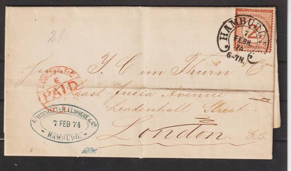 MiNr. 28 EF auf Brief  Hufeisenstempel "HAMBURG 7.FEBR.74" nach London (ag)