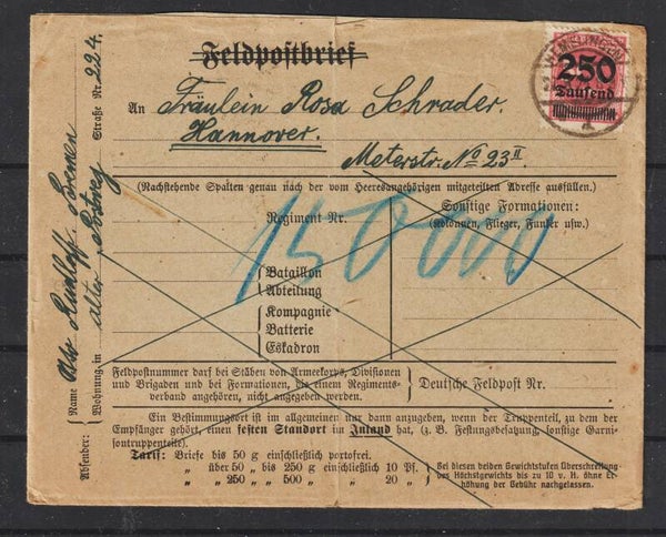 MiNr. 295 auf Brief  HEMELINGEN 27.9.23, Portokontrolle  (s24056)
