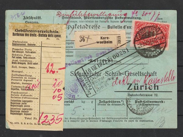 Paketkarte  KORNWESTHEIM 5.AUG.22 nach Zürich Schweiz  (0784)