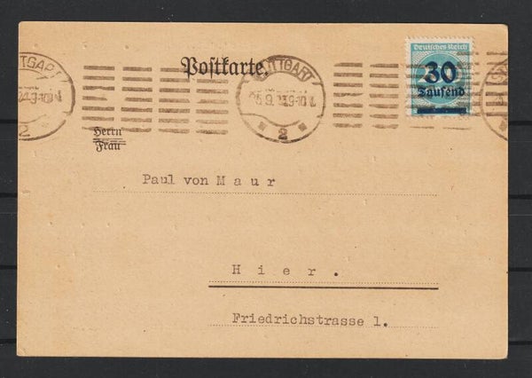 MiNr. 285 EF auf Postkarte STUTTGART 25.9.23  (s23025)
